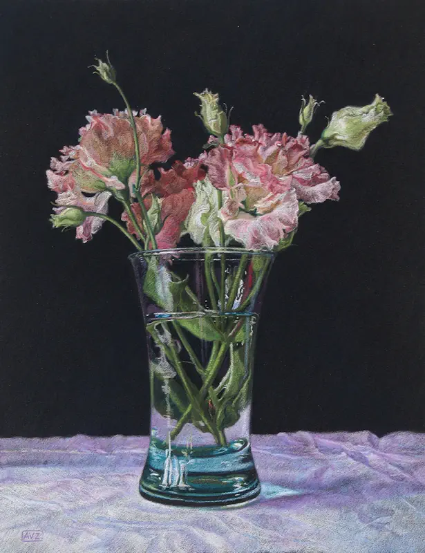 Flowers in vase by Adriana van Zoest | still life painting in pastel on pastelcarton 45 x 35 cm