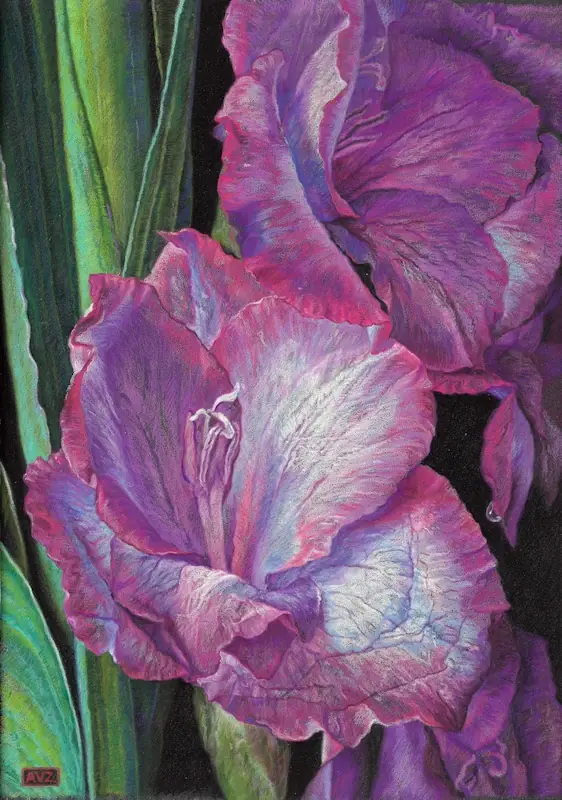 Gladioli by Adriana van Zoest | still life painting in pastel on pastelcarton 44 x 34 cm