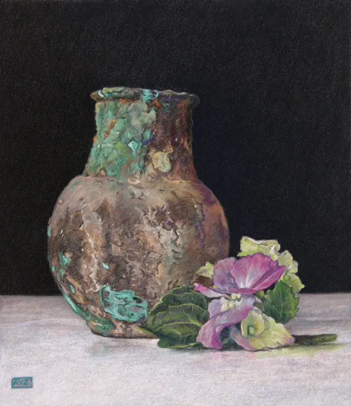 Roman vase with hydrangea by Adriana van Zoest | still life painting in pastel on pastelcarton 38 x 35 cm