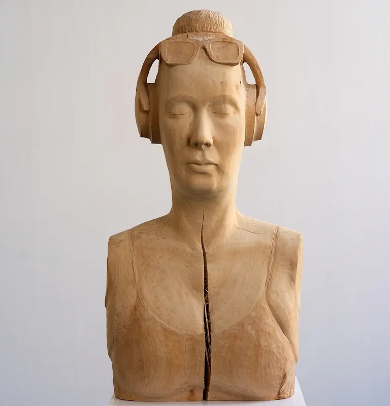 Afraid for what's inside by Boris Paval Conen | figure sculpture in wood unique 63 cm high