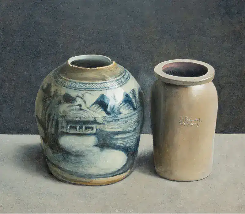 Aardewerk II van Chris Herenius | stilleven schilderij in olieverf op paneel 39 x 44 cm