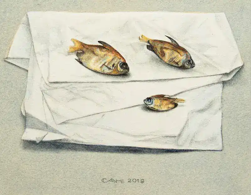 Drie visjes van Chris Herenius | stilleven schilderij in aquarel op papier 33 x 38 cm