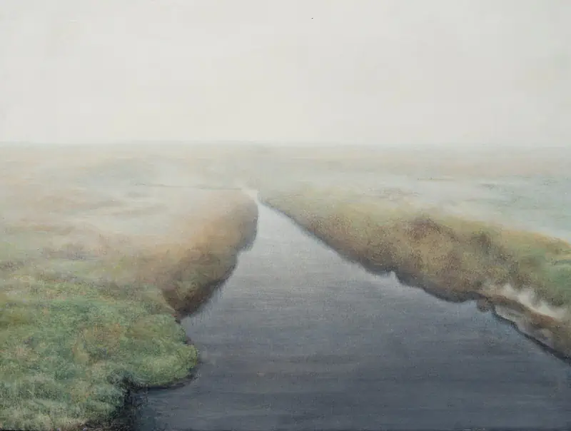 Mistig van Chris Herenius | landschap schilderij in acrylverf op paneel 39 x 44 cm
