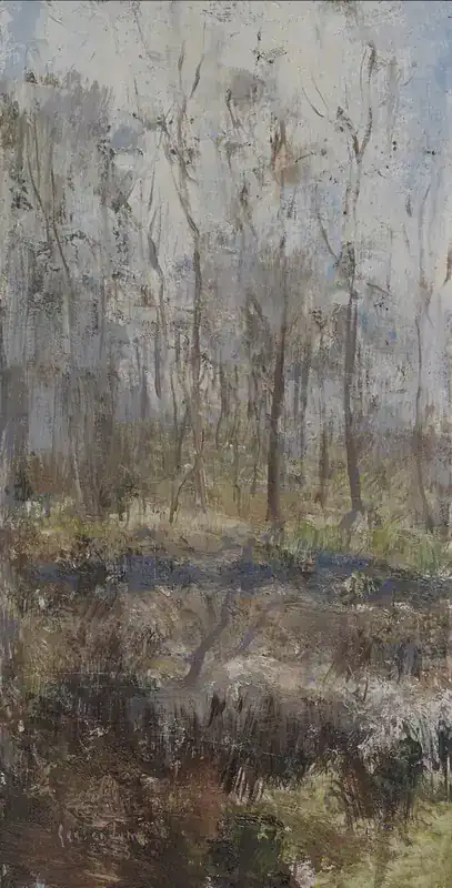 Bos bij Jacobspad I van Flip Gaasendam | landschap schilderij in olieverf op paneel 38 x 23 cm