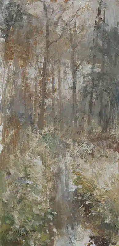 Bos bij Jacobspad II van Flip Gaasendam | landschap schilderij in olieverf op paneel 38 x 23 cm