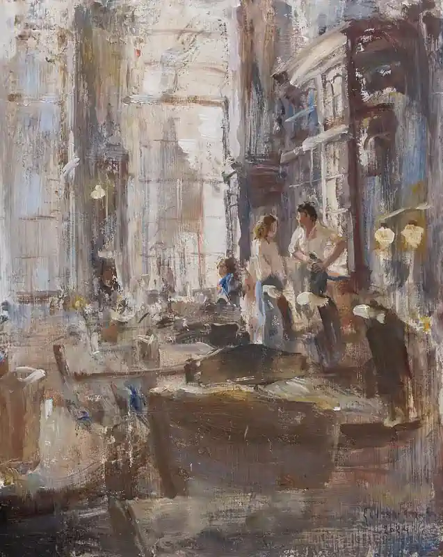Grand Cafe De Drie Gezusters I van Flip Gaasendam | interieur schilderij in olieverf op paneel 41 x 47 cm