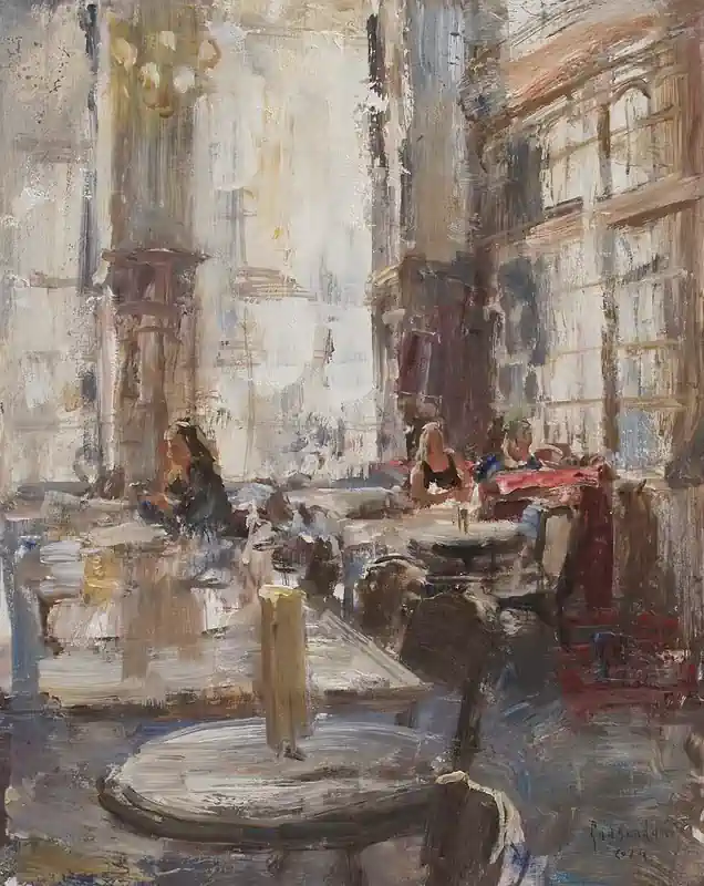 Grand Cafe De Drie Gezusters II van Flip Gaasendam | interieur schilderij in olieverf op paneel 41 x 47 cm
