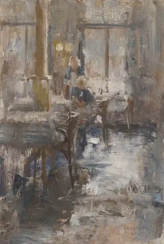 Hotel v/d Werff, Gelagkamer I van Flip Gaasendam | interieur schilderij in olieverf op paneel 38 x 28 cm