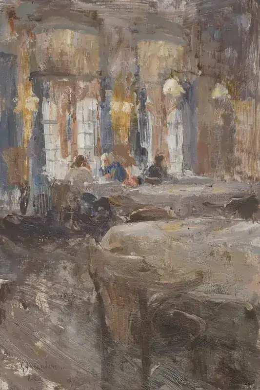 Hotel v/d Werff, Gelagkamer II van Flip Gaasendam | interieur schilderij in olieverf op paneel 38 x 28 cm