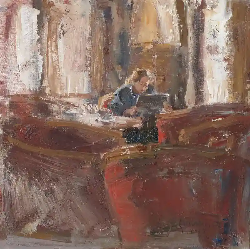Hotel v/d Werff, In de lounge I van Flip Gaasendam | interieur schilderij in olieverf op paneel 28 x 28 cm