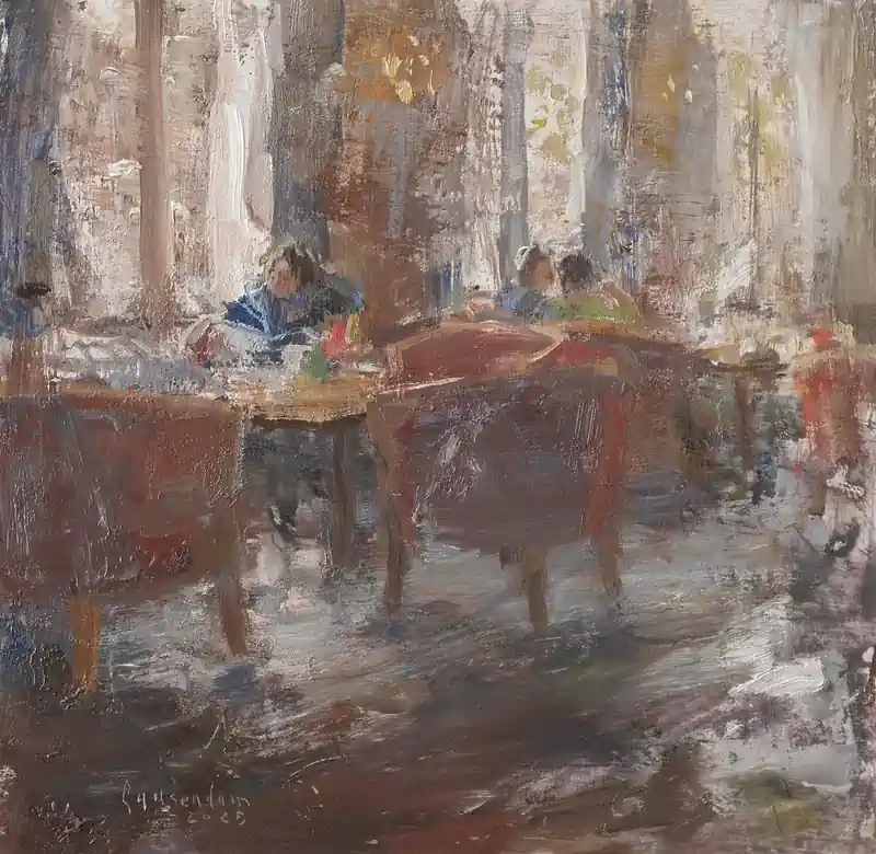 Hotel v/d Werff, In de lounge II van Flip Gaasendam | interieur schilderij in olieverf op paneel 28 x 28 cm