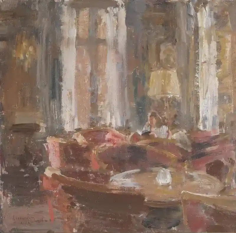 Hotel v/d Werff, In de lounge VII van Flip Gaasendam | interieur schilderij in olieverf op paneel 38 x 38 cm
