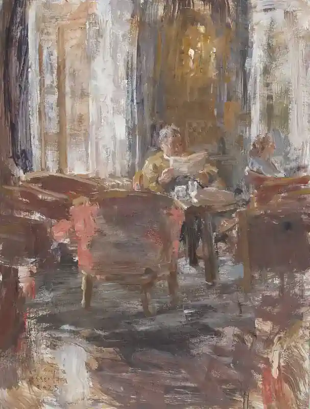 Hotel v/d Werff, In de lounge VIIII van Flip Gaasendam | interieur schilderij in olieverf op paneel 52 x 42 cm