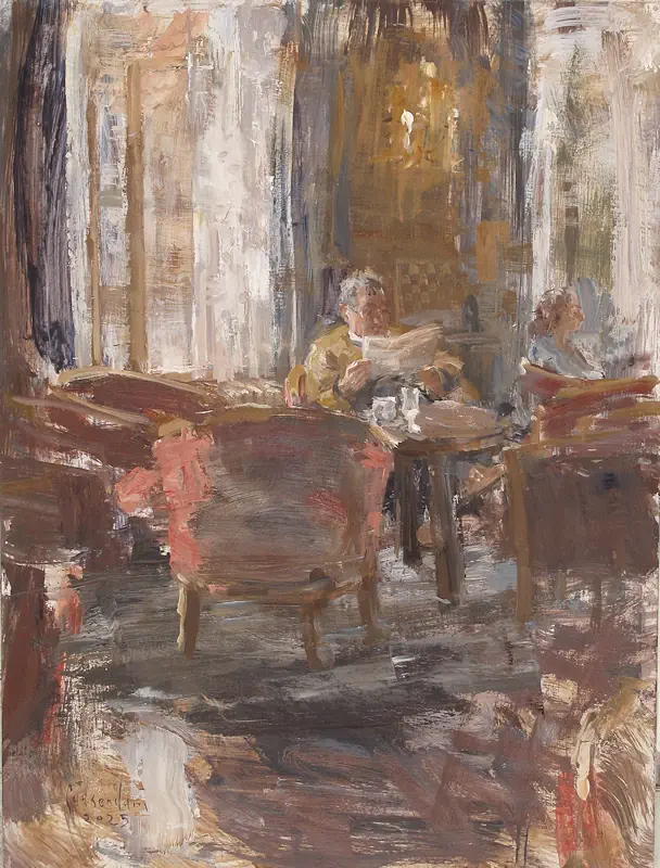 Hotel v/d Werff, In der Lounge von Flip Gaasendam | interieur Gemälde in oel auf Holz 52 x 42 cm