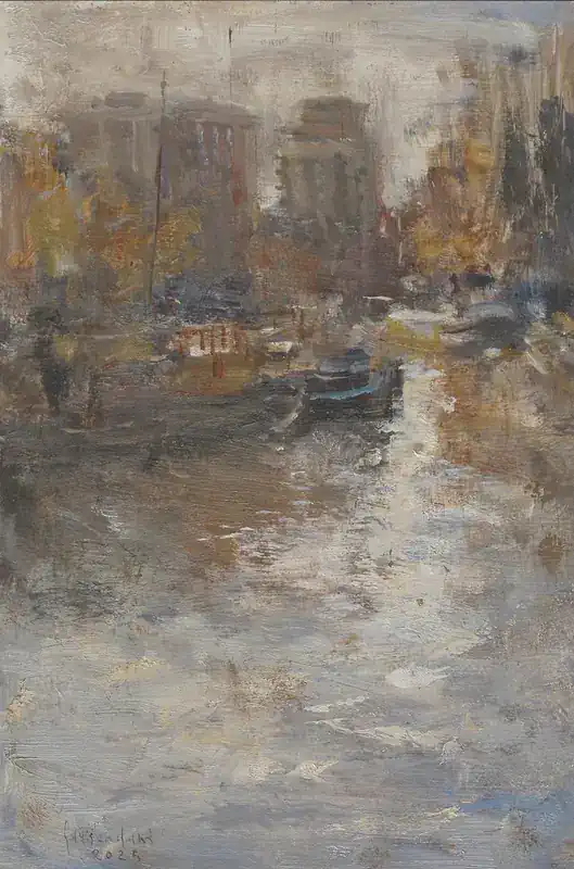 Noorderhaven II van Flip Gaasendam | landschap schilderij in olieverf op doek 38 x 28 cm