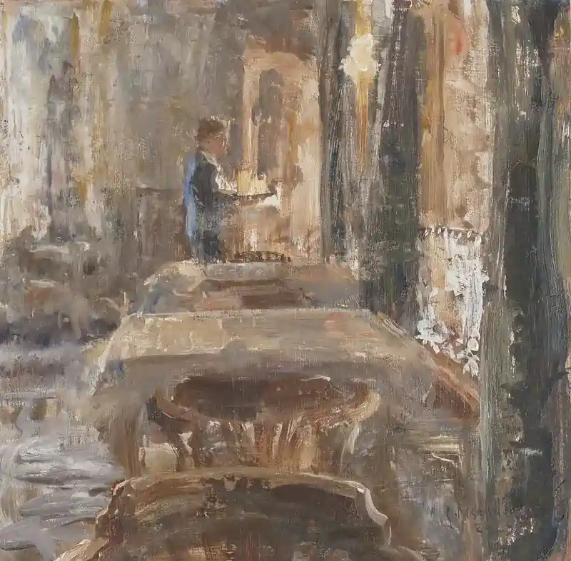 Terrasweer van Flip Gaasendam | interieur schilderij in olieverf op paneel 28 x 28 cm