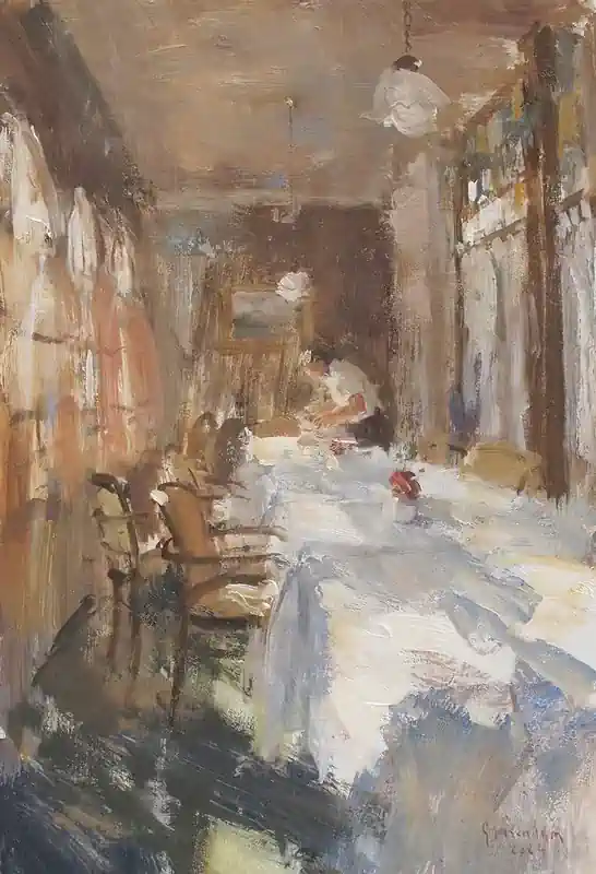 Zonlicht III van Flip Gaasendam | interieur schilderij in olieverf op paneel 37 x 47 cm