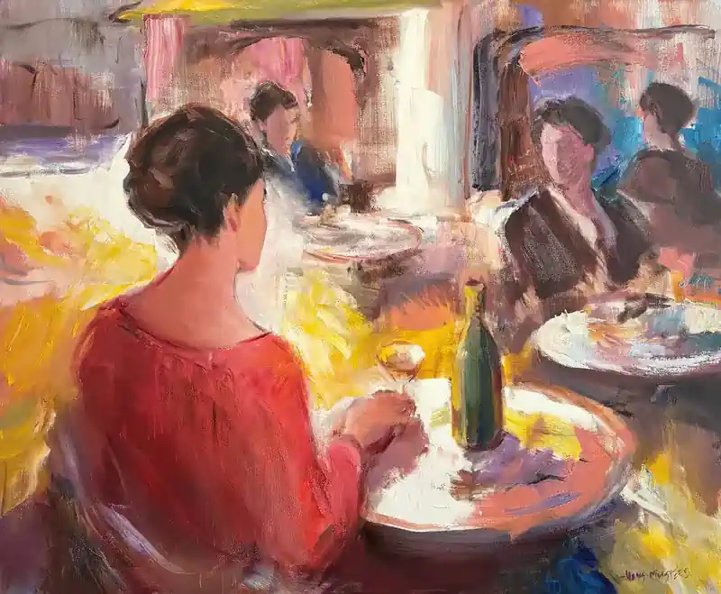 Aperitif von Hans Musters | figur Gemälde in Öl auf Leinwand 105 x 125 cm