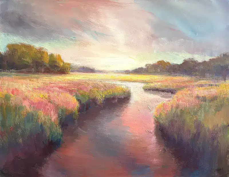 Bloeiende oevers van Hans Musters | landschap schilderij in olieverf op doek 75 x 95 cm