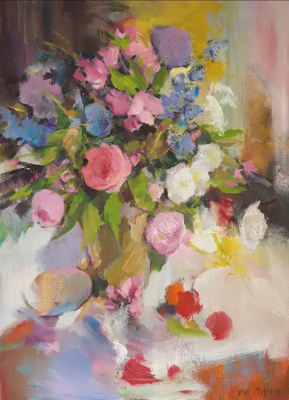 Bloemstilleven van Hans Musters | stilleven schilderij in olieverf op doek 85 x 115 cm