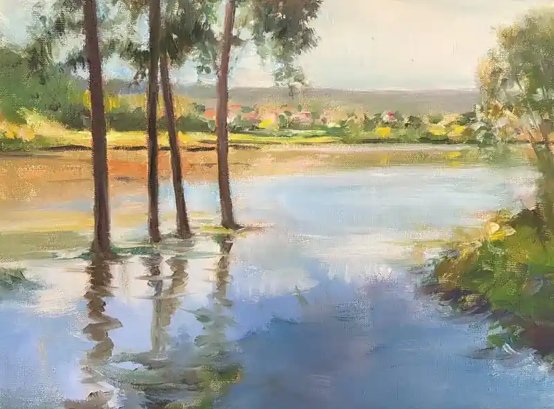 Jenseits der Banken von Hans Musters | landschaft Gemälde in Öl auf Leinwand 35 x 45 cm