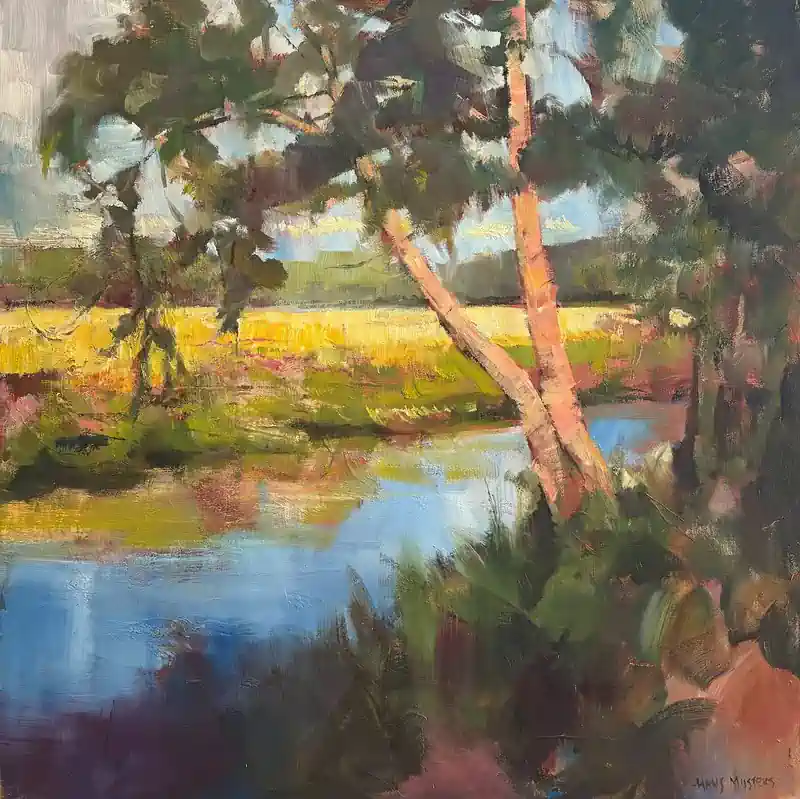 In de schaduw van Hans Musters | landschap schilderij in olieverf op doek 105 x 105 cm