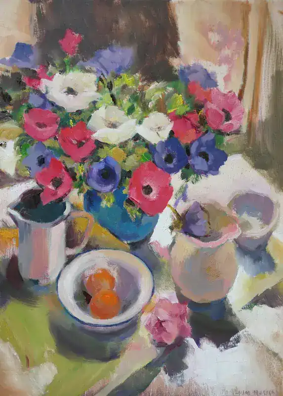 Stilleven met anemonen van Hans Musters | stilleven schilderij in olieverf op doek 85 x 115 cm