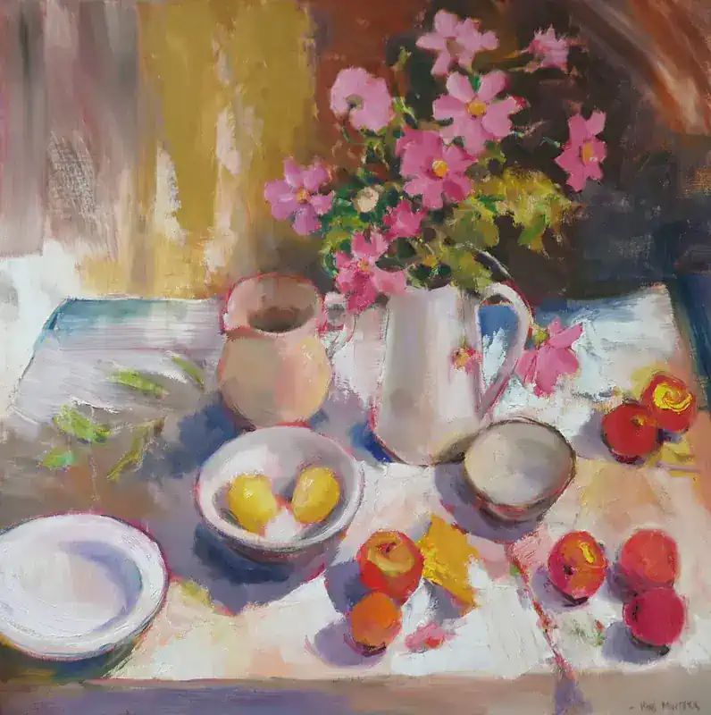Stilleven met lavatera van Hans Musters | stilleven schilderij in olieverf op doek 95 x 95 cm