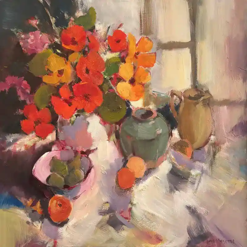 Stilleven met Oost-Indische kers II van Hans Musters | stilleven schilderij in olieverf op doek 95 x 95 cm
