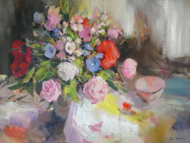 Uitbundig boeket van Hans Musters | stilleven schilderij in olieverf op doek 95 x 125 cm