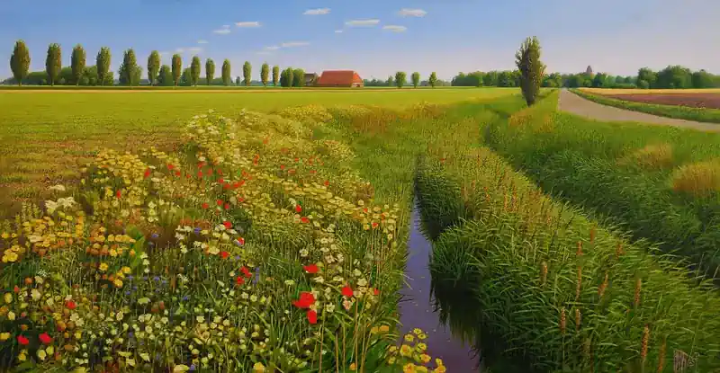 Akkerrand van Hans Parlevliet | landschap schilderij in olieverf op paneel 39 x 64 cm