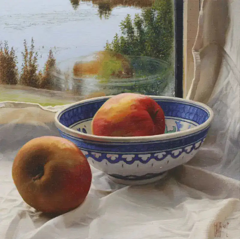 Blik naar buiten van Hans Parlevliet | stilleven schilderij in olieverf op paneel 32 x 32 cm