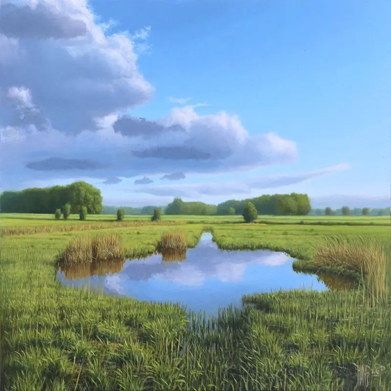 The drinking pool by Hans Parlevliet | landscape painting in oil on panel 32 x 32 cm