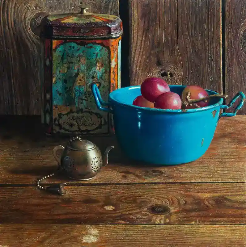 Bowl with grapes by Herman Tulp | still life painting in oil on panel 35 x 35 cm