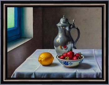 Am blauen Fenster von Herman Tulp | stillleben GemÃ¤lde in oel auf Holz 43 x 53 cm