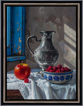 Himbeeren im französischen Gartenschuppen von Herman Tulp | stillleben GemÃ¤lde in oel auf Holz 53 x 43 cm