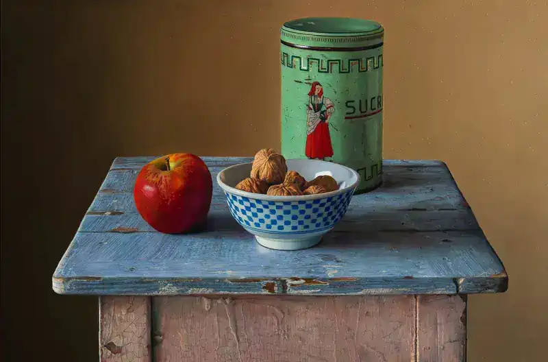 Green sugar drum by Herman Tulp | still life painting in oil on panel 53 x 73 cm
