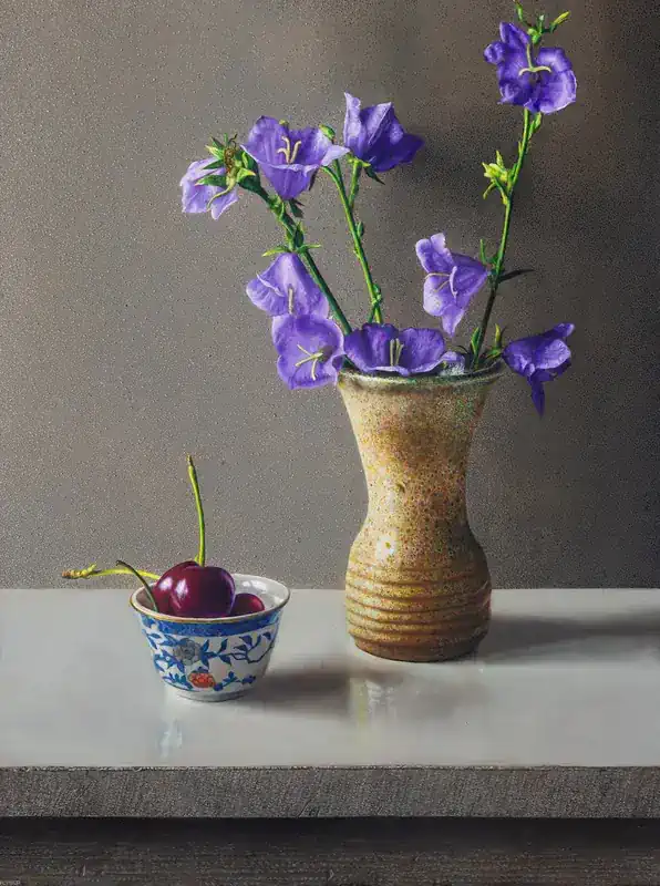 Still life with bluebells by Herman Tulp | still life painting in oil on panel 43 x 53 cm