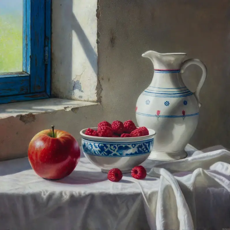 Summer still life in Cilento by Herman Tulp | still life painting in oil on panel 43 x 43 cm