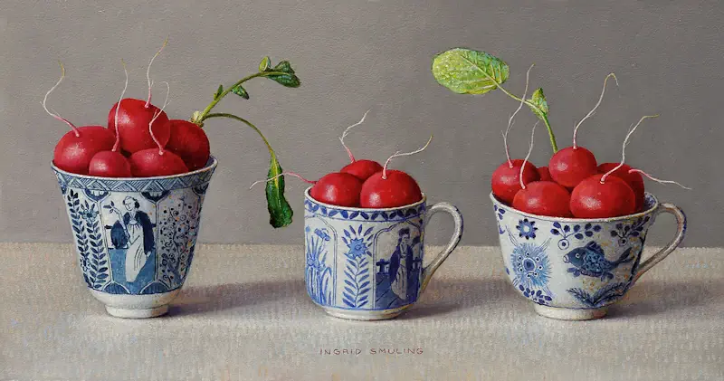 Three times radishes by Ingrid Smuling | still life painting in oil on panel