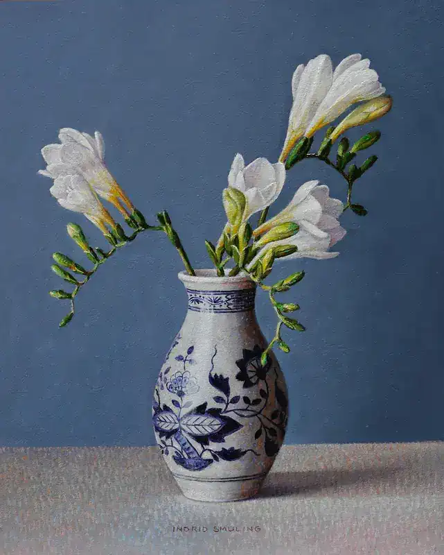 Freesias in Hutschenreuther vase by Ingrid Smuling | still life painting in oil on panel 29 x 34 cm