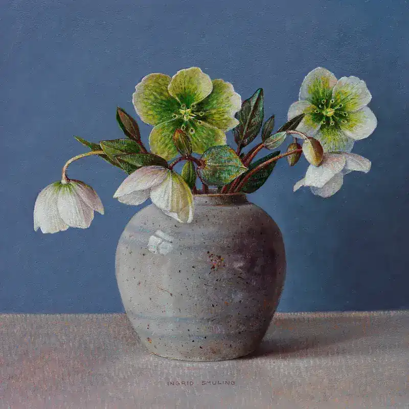 Helleborus in ginger jar by Ingrid Smuling | still life painting in oil on panel 36 x 36 cm