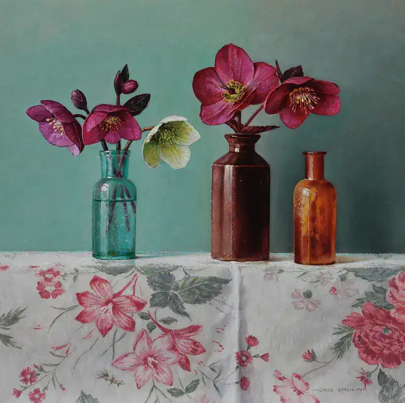 Stillleben mit Helleborus von Ingrid Smuling | stillleben Gemälde in Öl auf Holz 41 x 41 cm