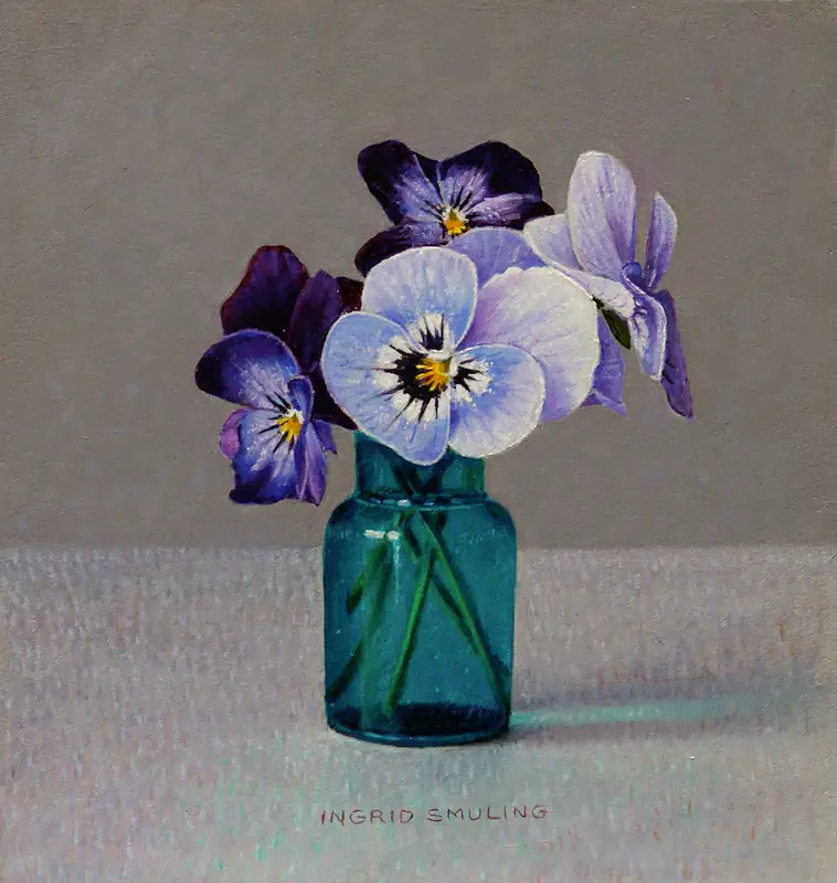 Violets in blue-green bottle by Ingrid Smuling | still life painting in oil on panel