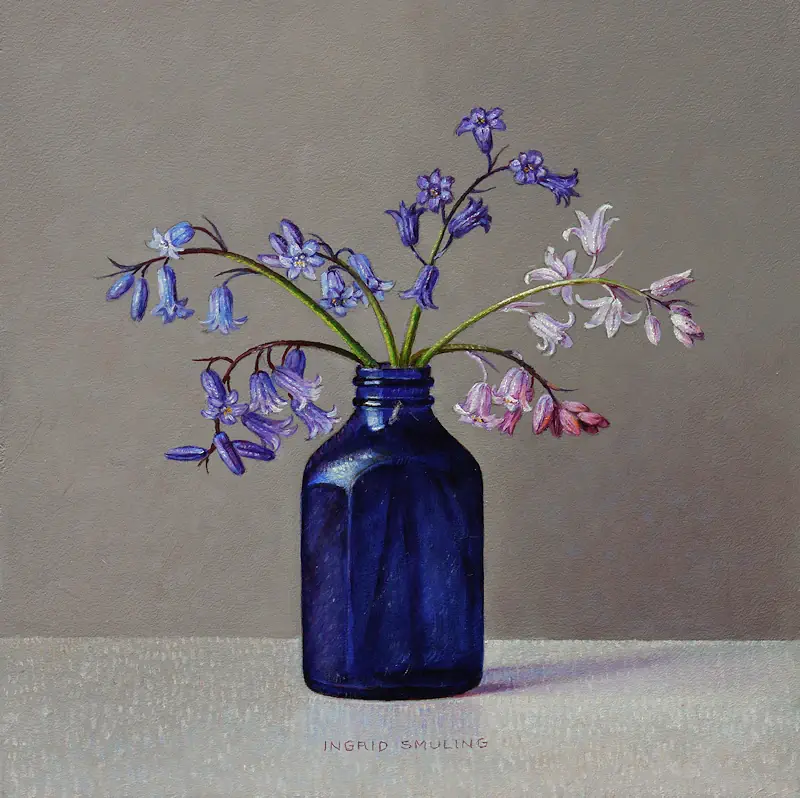 Wild hyacinths in blue glass by Ingrid Smuling | still life painting in oil on panel