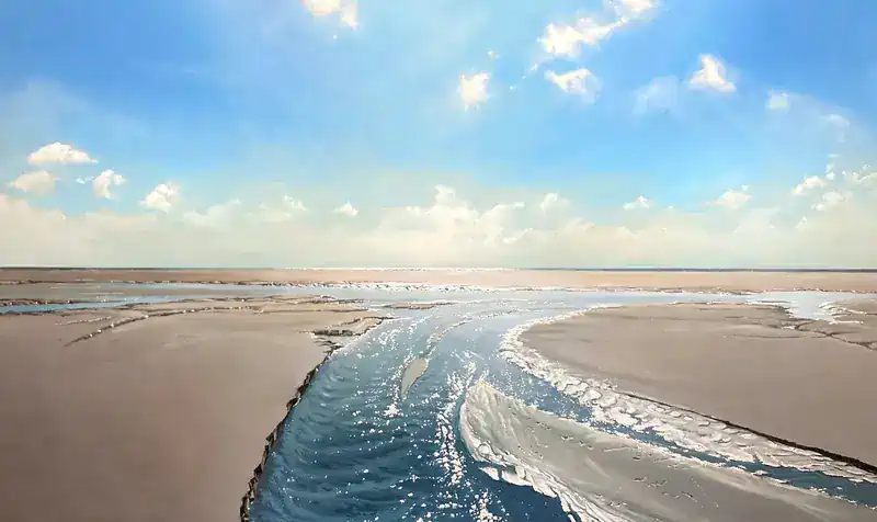 Beach channel in backlight by Janhendrik Dolsma | landscape painting in oil on panel 95 x 155 cm