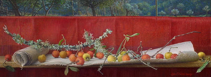 Madrogno auf Leinen von Joke Frima | stillleben Gemälde in Öl auf Leinwand 25 x 60 cm