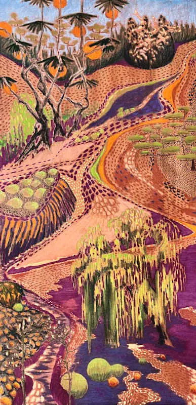 Bloom III von Marjet Visscher | landschaft Gemälde in softpastell auf Leinwand 60 x 120 cm