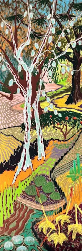 Bloom III von Marjet Visscher | landschaft Gemälde in softpastell auf Holz 30 x 90 cm