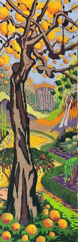 Bloom V von Marjet Visscher | landschaft Gemälde in softpastell auf Leinwand 35 x 95 cm